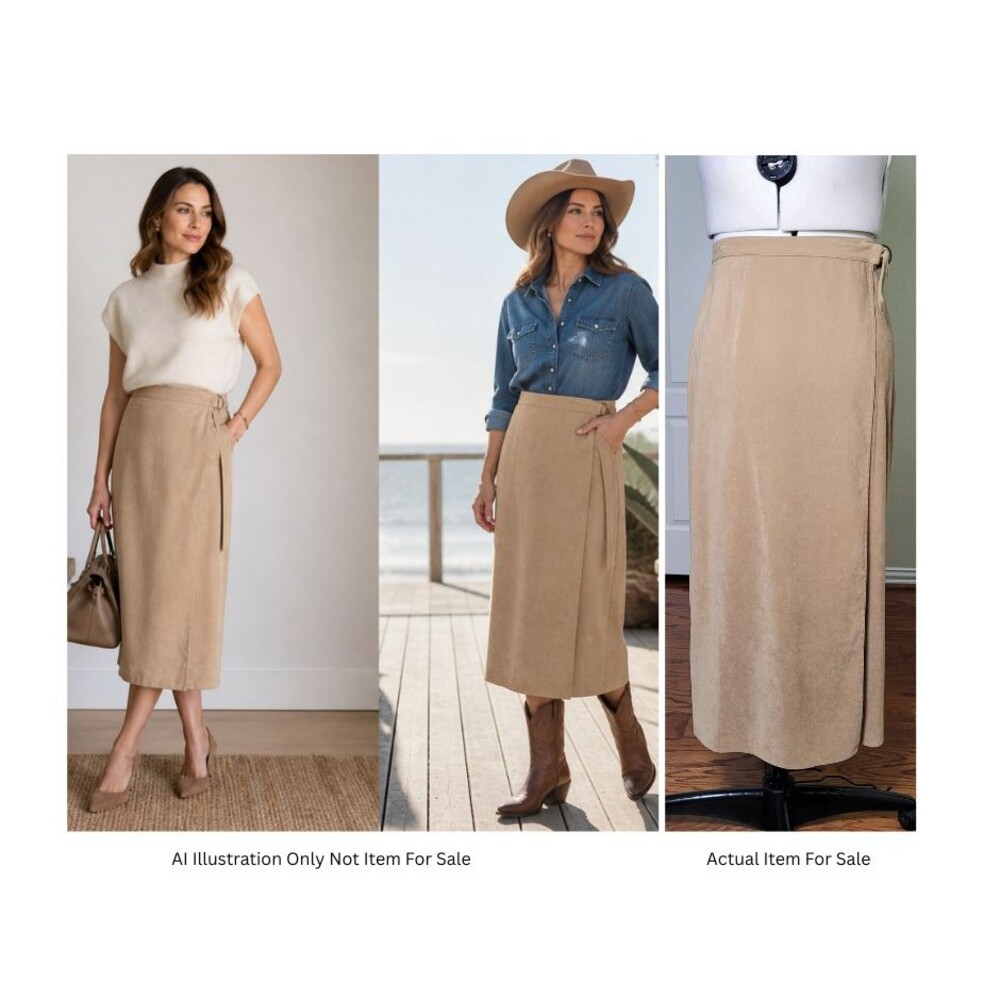 Vintage Talbots Wrap Pencil Skirt Tan Women 12 Neutral Western Minimalist Work